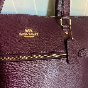 Coach Wine/Deep Purple Leather Tote with Gold Accents